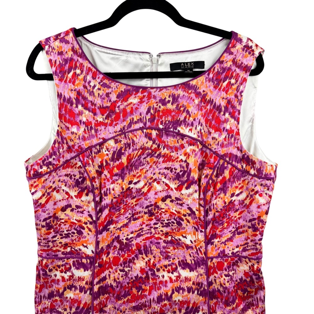 Alex Marie Sheath Dress Womens 14 Purple Pink Orange Abstract Print Sleeveless - Picture 7 of 14